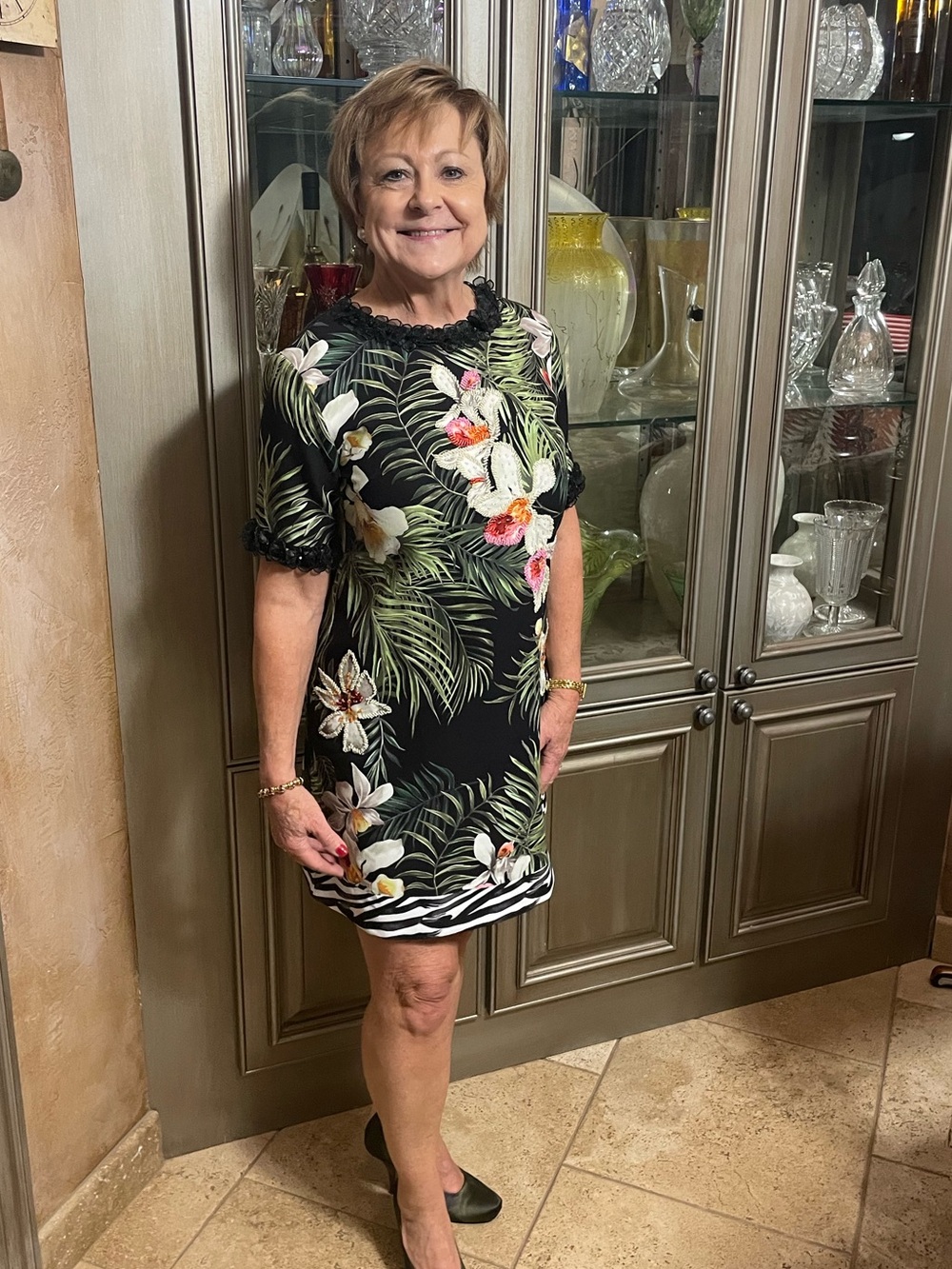 Tropical Floral Embroidered Shift Dress - Black with Green & Pink